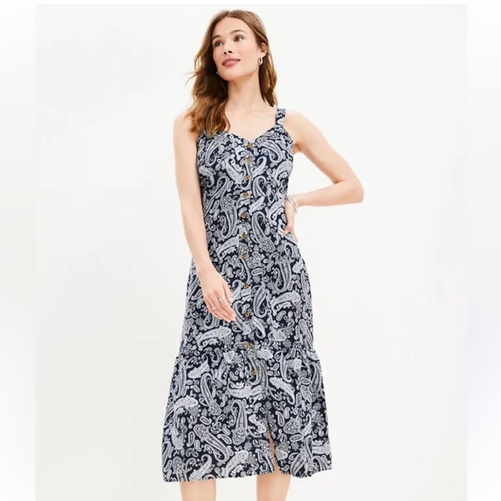 Loft Paisley Linen Strappy Button Tiered Midi Dress- Deep Space Blue